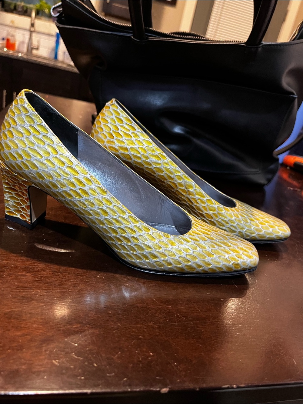 Rangoni Yellow Textured Block Heel Pumps